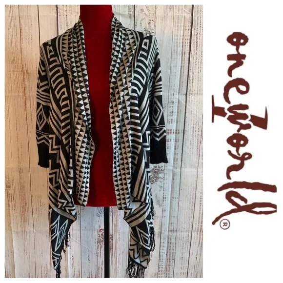 ONE WORLD Sweaters Grey Black Tribal Fringe Open Cardigan One